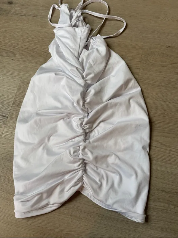 Ruched Halter Mini Dress with ruched sides and open back in White - Image 5