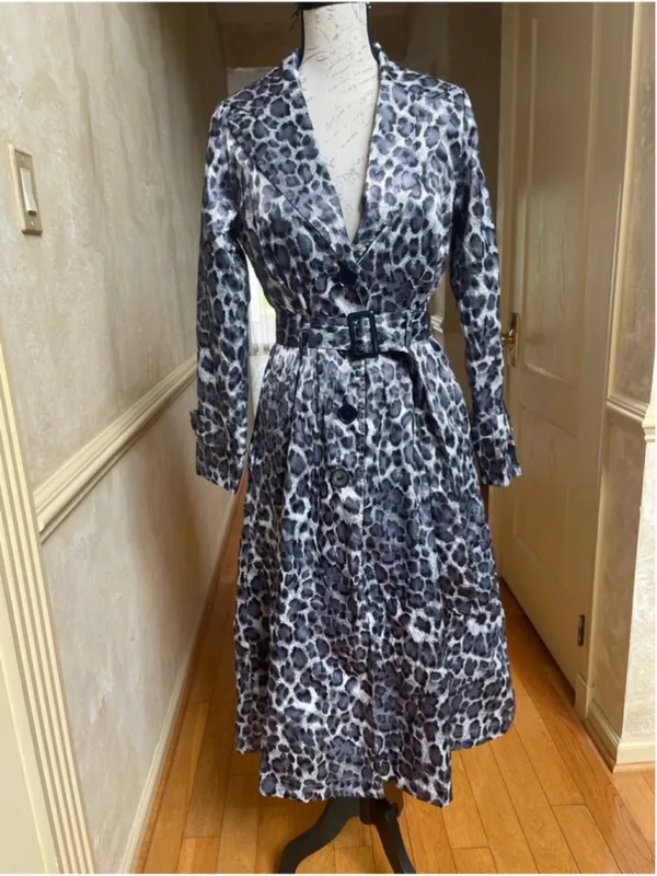 ABS Silver Label Black Grey Leopard Print Belted Trench Coat Jacket XS Statement - Image 2