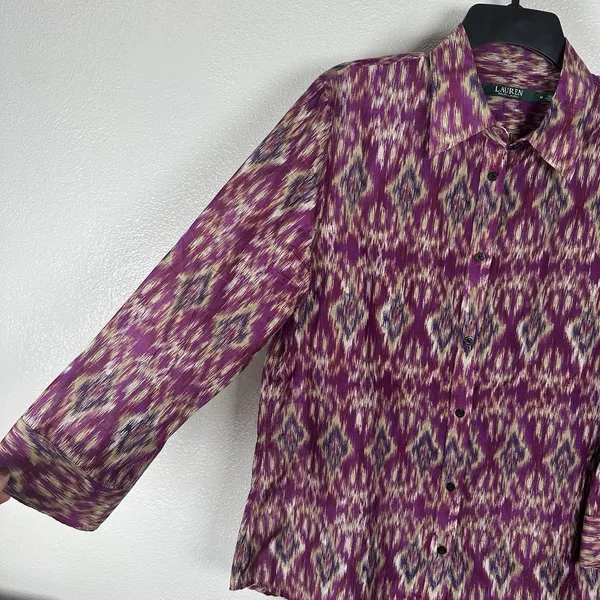 LAUREN Ralph Lauren‎ Womens Medium Silk Cotton Button Up Shirt Purple Ikat Print - Image 4