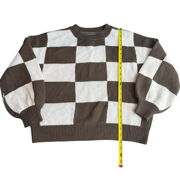Checker Print Crewneck Sweater Brown‎ Cream Checkerboard Fall Neutral Size S - Image 6