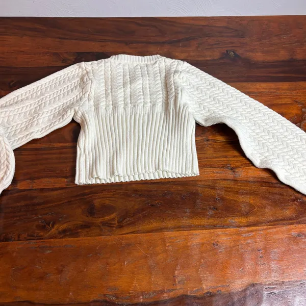 Altar State Cream Cable Knit Balloon Sleeve‎ Cropped Sweater Top Size Small - Image 6