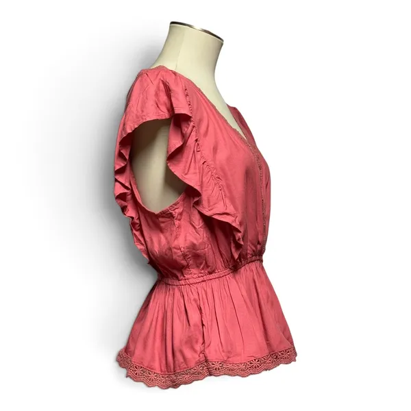 Abercrombie & Fitch Lace Trim V-Neck Flutter Sleeve Blouse Top Dusty Pink Large - Image 5