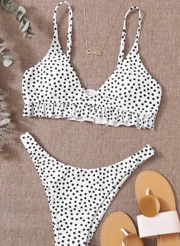 Polka Dot Ruffle High Cut Bikini Set - Image 2