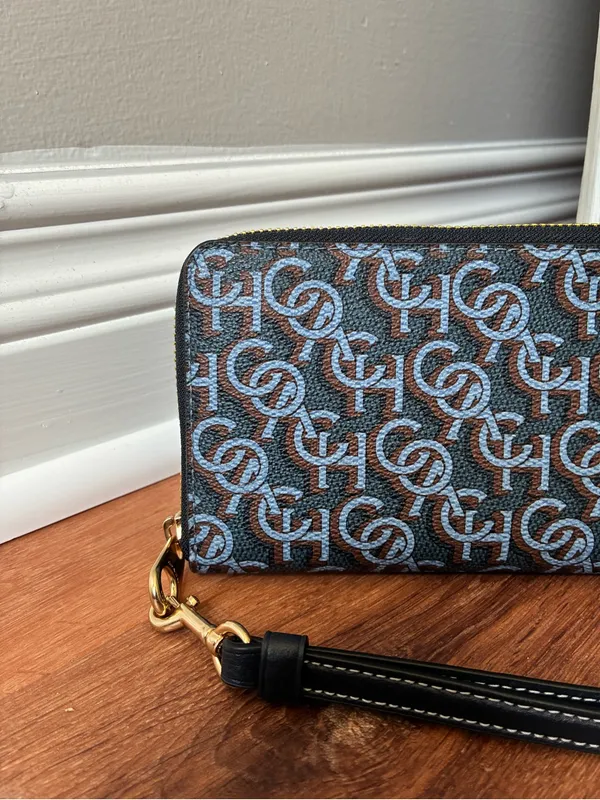 Coach Long Zip Around Wallet with Signature Monogram Print, Navy Blue / Gold - Image 4