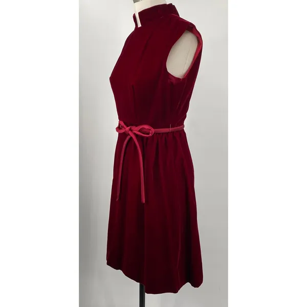 Vintage 60s Velvet Belted Tie Waist Mini Dress High Neck Stand Collar Maroon Red - Image 5