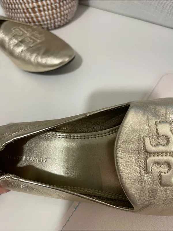 TORY BURCH gold smoking loafers metallic leather loafer shoes work career logo 7 - Image 9