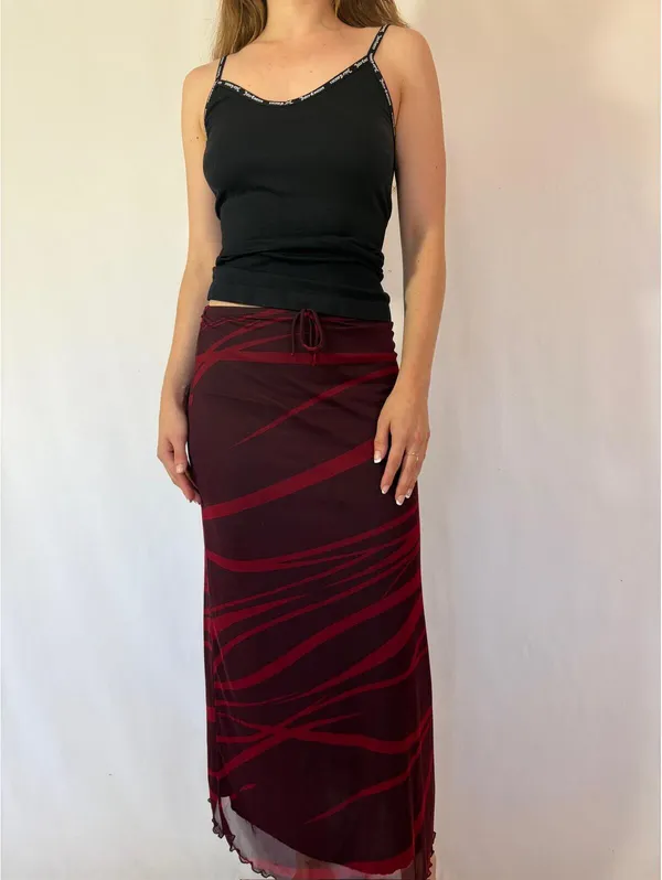 Dark Red Y2K Vintage Mesh Overlay Abstract Maxi Skirt - Image 3