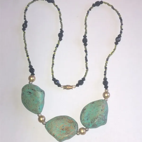 Vintage Turquoise Color and Black Glass Beaded Boho Necklace - Image 3