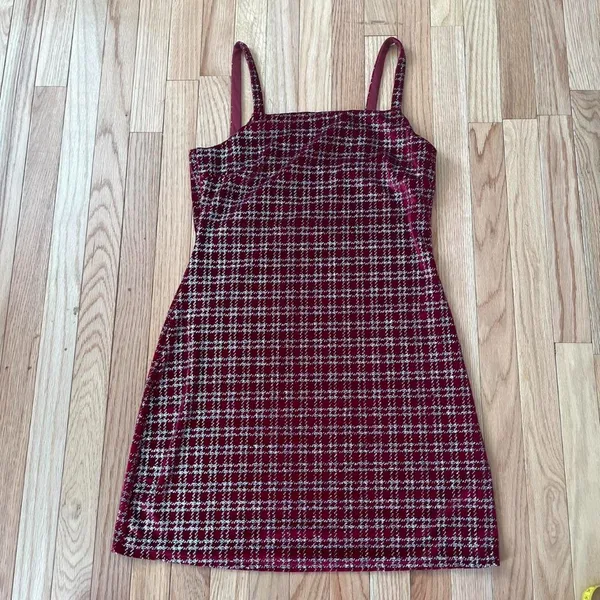 Altar'd State Red Silver Plaid Mini Dress Womens Large Coquette Tweed Slip Dress - Image 2