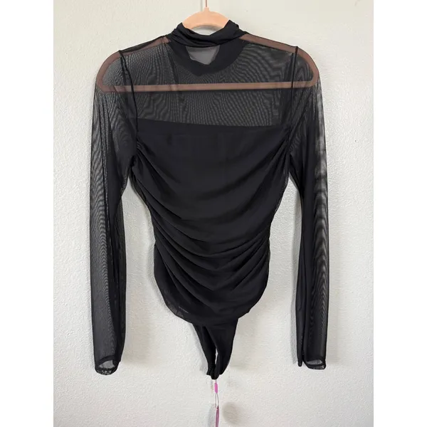 Avidlove Womens Black Mesh Ruched Long Sleeve Mock Neck Bodysuit Size Large - Image 2