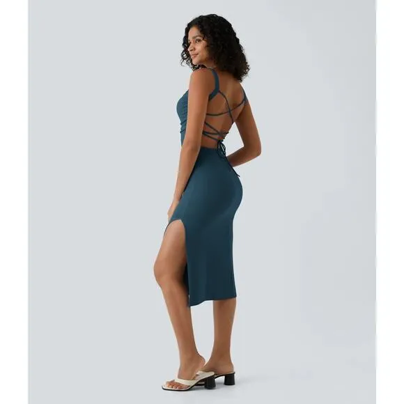 Halara Ruched Lace Up Bodycon Midi Casual Majolica Blue Soft Airy Dress Large - Image 2