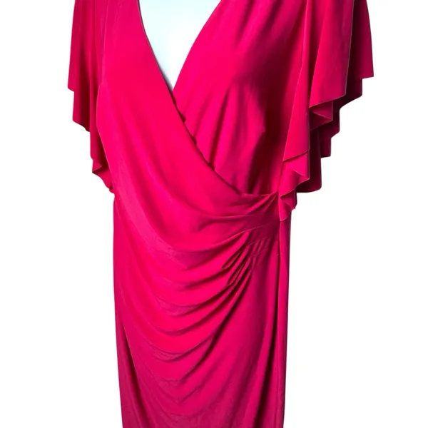 Lauren Ralph Lauren Pink V-Neck Ruched Midi‎ Dress Special Occasion Evening 10 - Image 4