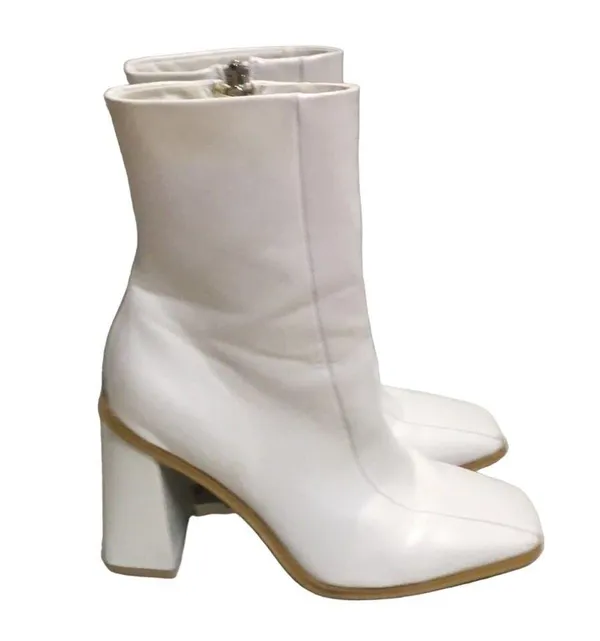 Square Toe Faux Leather Heeled Boots White Size 9 - Image 4