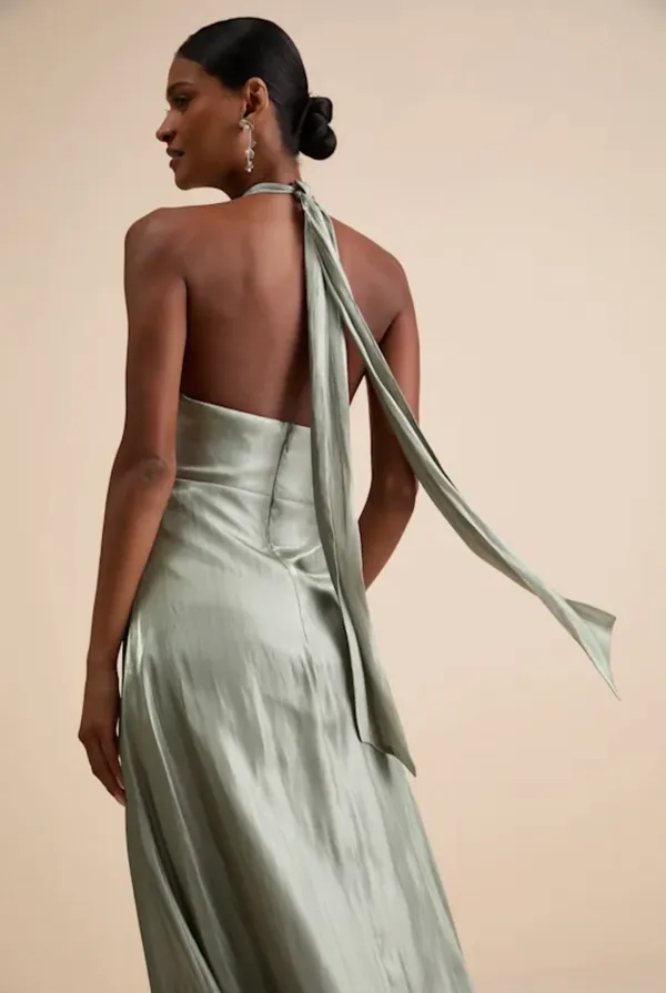 Lulus Canley Sage Satin Cross-Front Halter Maxi Dress - Image 4