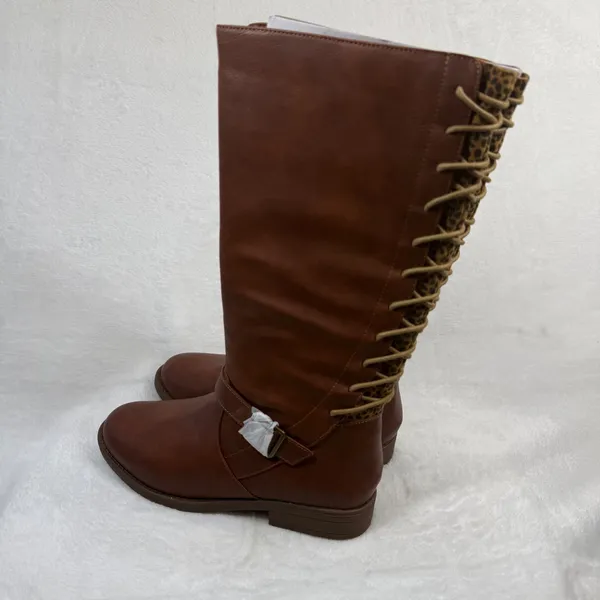 Sugar Brown Faux Leather Lace Up Back Leopard Print Knee High Boots Size 5‎ - Image 4