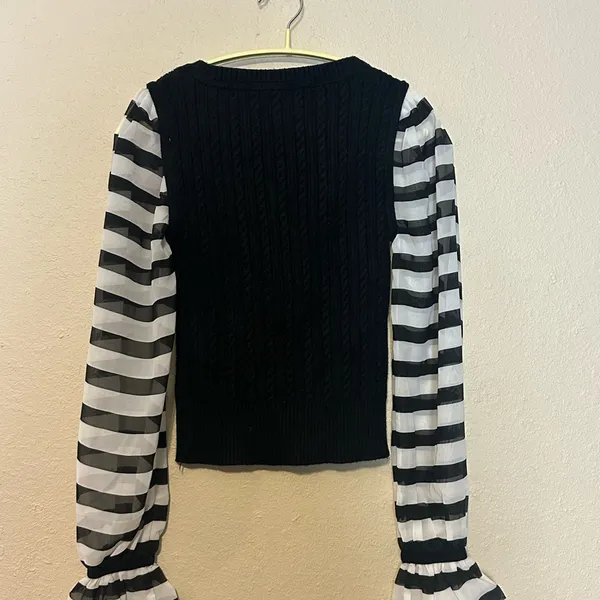 Anthropologie MAEVE‎ Contrast Sleeve Cable Knit Sweater Black White Stripe Size XXS - Image 7