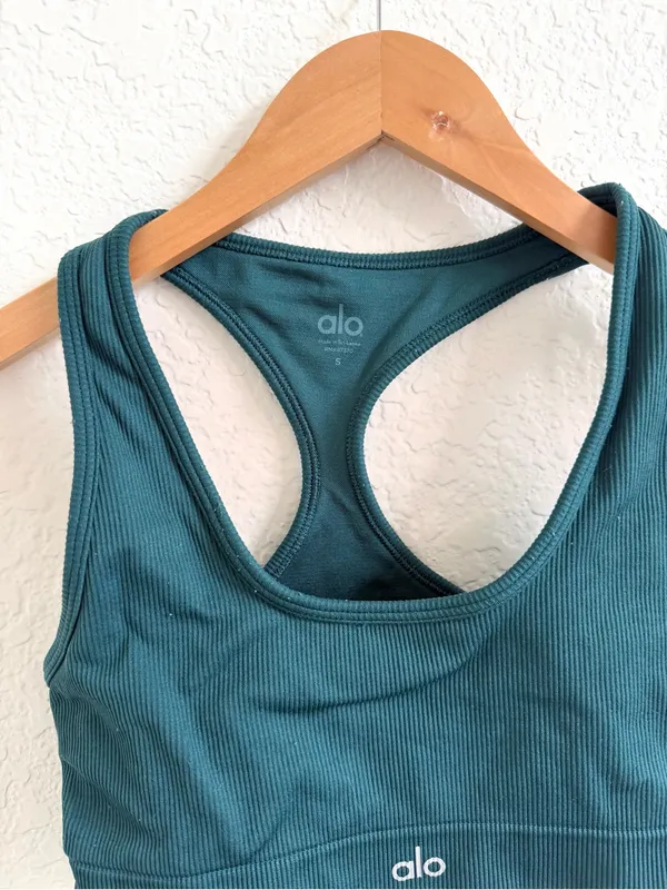 ALO Yoga Ribbed Sports Bra in Green Teal Forest Small S - Image 2