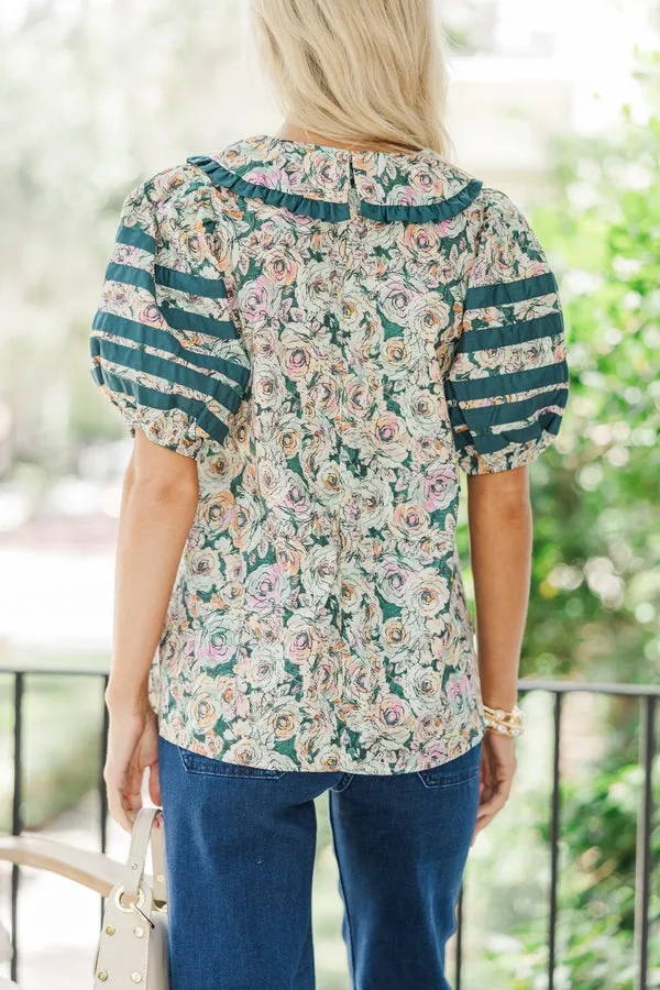 Entro Floral Detail Puff Sleeve V-Neck Peter Pan Collar Blouse Hunter Green Multi - Image 5
