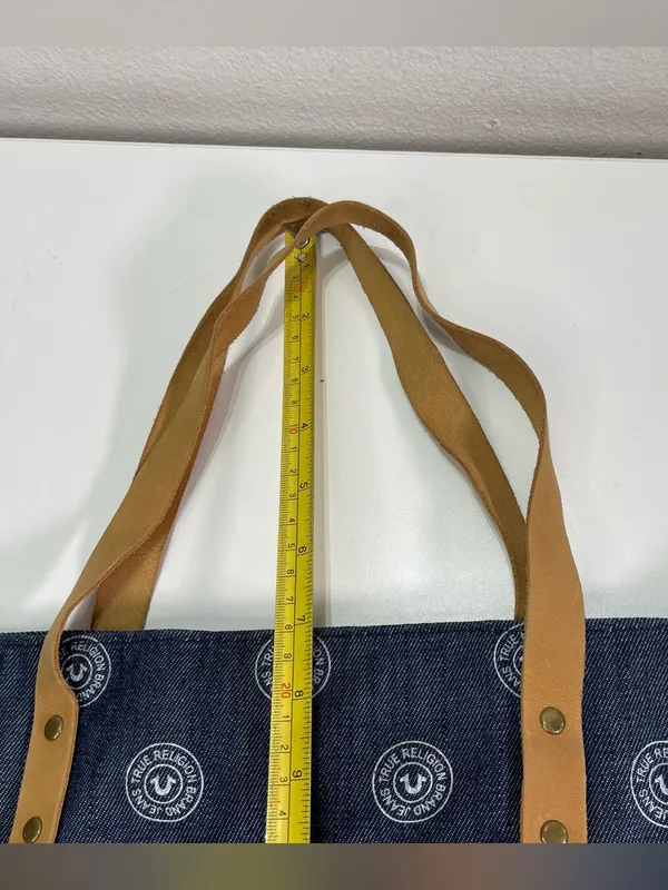 True Religion Tote Bag All Over Button Logo Blue Denim - Image 3