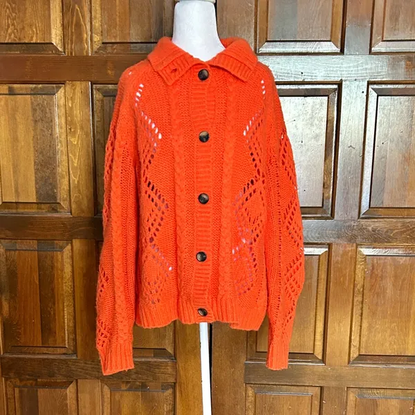 Sundance Women's Winter Tryst Open Cable Knit Cardigan Sweater Orange Large‎ - Image 2