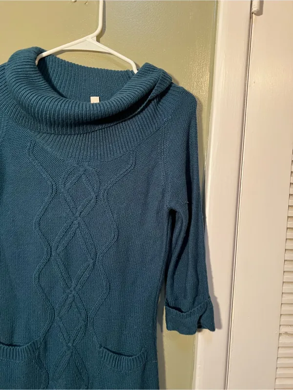 Pink Rose Women’s Size Medium Cowl Neck Sweater Dress Turquoise Green Blue Cable - Image 4