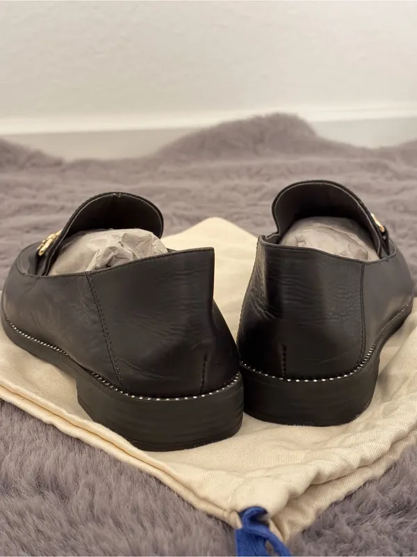 Black Leather Floral Embroidered Slip-On Loafers - Image 4