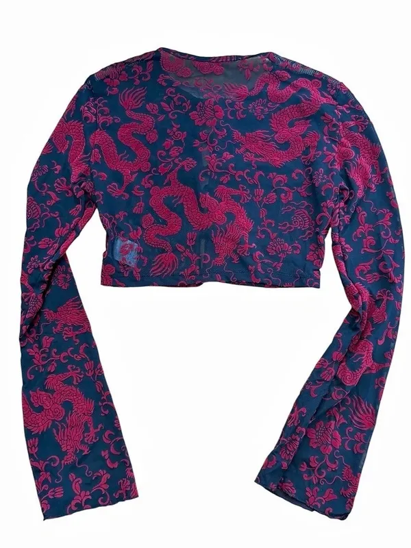 Soly Hux Dragon Print Mesh Crop Top Chinese Frog Button Bell Sleeve NWT Size XS - Image 7
