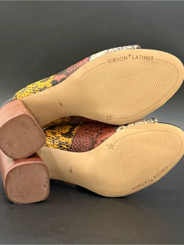 GIBSON LATIMER Mya Patchwork Snakeskin Leather Block Heel Mules Size 7.5 - Image 8
