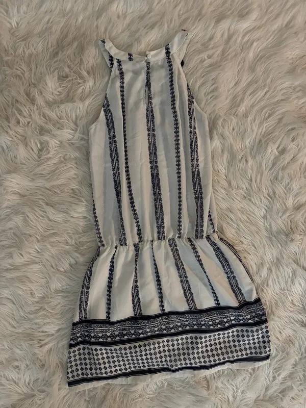 White and Navy Pattern Halter Mini Dress - Image 4