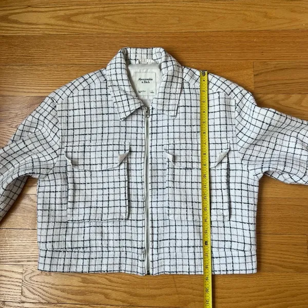 Abercrombie & Fitch Full Zip Up Cropped Tweed Plaid Squares Shirt Jacket Sz L - Image 7