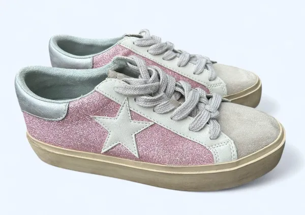 Shu Shop REBA White & Pink Sparkle Tennis Shoes Fashion Sneaker size 6.5 Glitter - Image 2