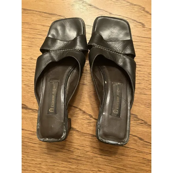 Etienne Aigner Black Leather Strappy Mule Block Heel Slip On Square Toe 8 - Image 4