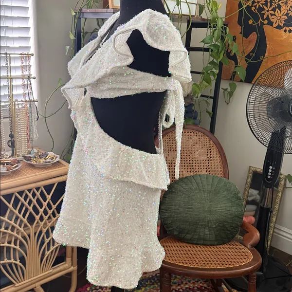 Show Me Your MuMu Zoey White Sparkling Iridescent Sequin Open Back Mini Dress - Image 3