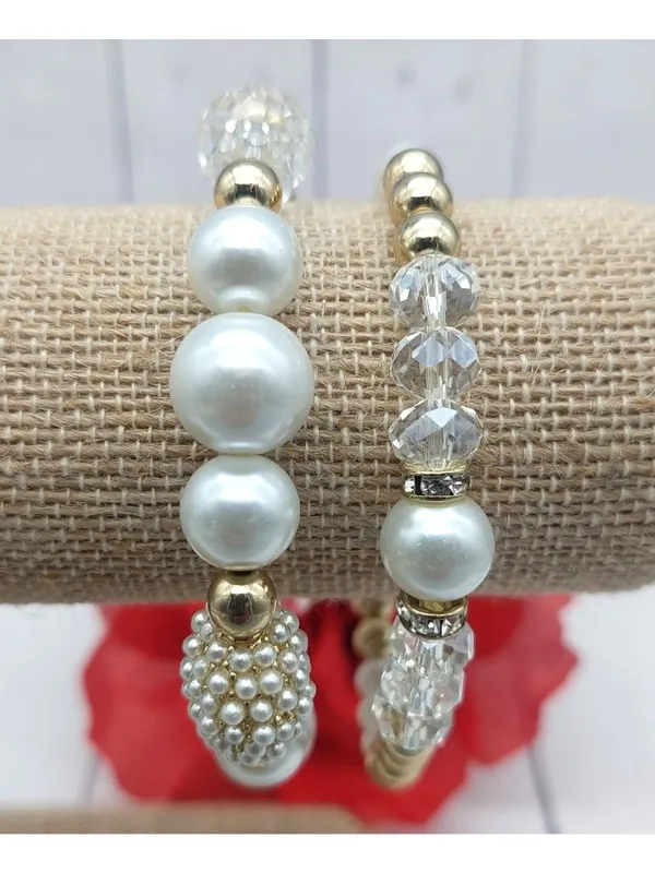 Faux Pearl Crystal Stretch Bracelets Lot of 2 Gold Tone Rhinestone Bridal - Image 4