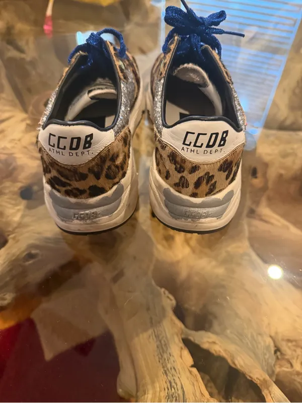 Golden Goose Leopard Print Sneakers with Blue laces and Pink Star! - Image 4