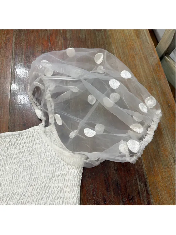 idem ditto White Smocked Puff Sleeve Crop Top NWOT Size Medium Sheer Polka Dot - Image 4