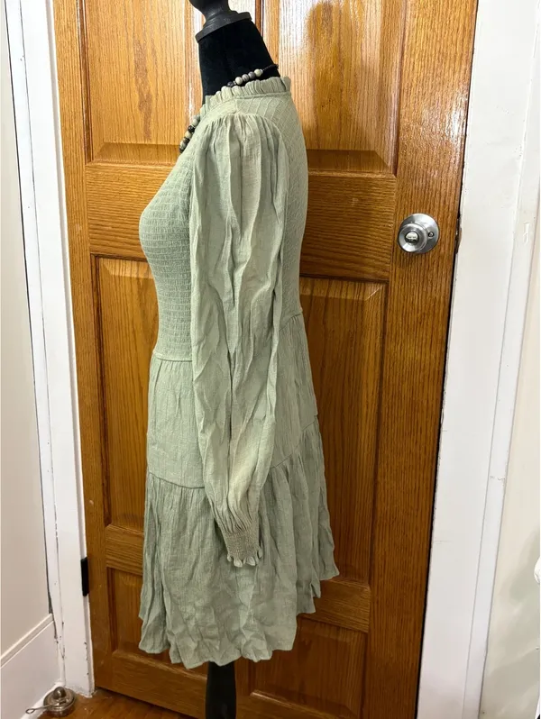 Women’s Sage Green Smocked Tiered Mini Dress Long Sleeve Size Small - Image 4