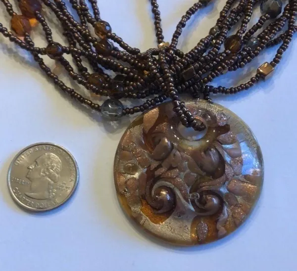 Vintage Multi Strand Brown Seed Bead Necklace With Brown & Gold Glass Pendant - Image 4
