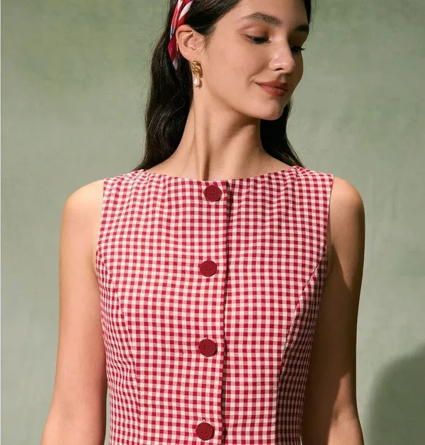 RIHOAS The Red Boat Neck Plaid Mini Dress - Image 4