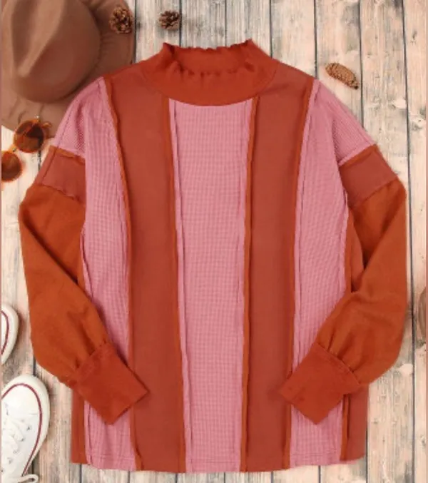 NEW Red and Pink Waffle Knit Exposed Seam Patchwork Top Size M - Image 7