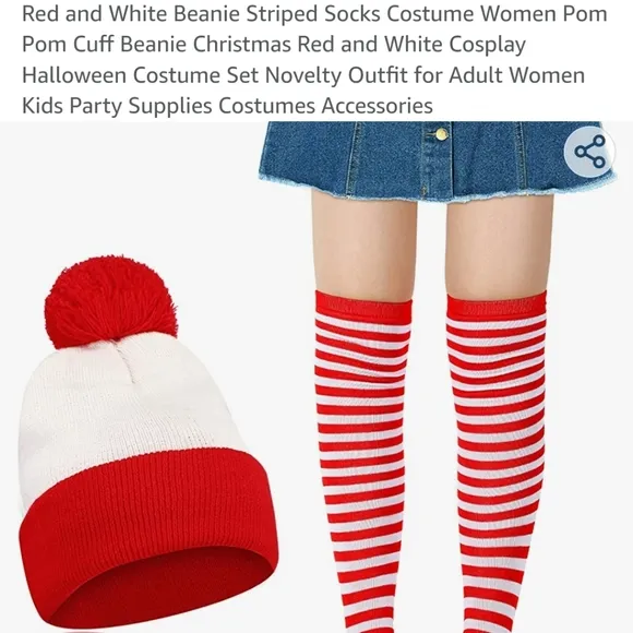 Red and white Beanie, Stripped Socks Costume for women Pompom Cuff beanie - Image 2