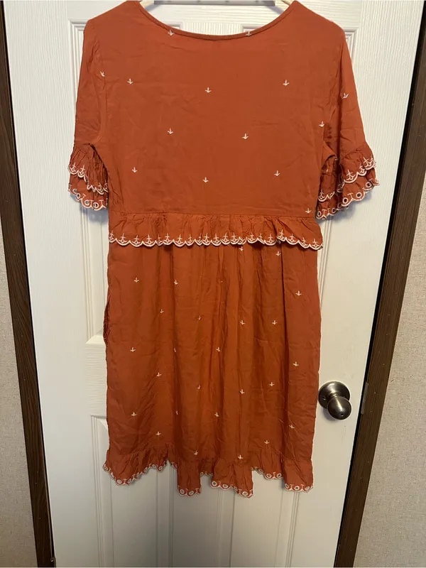 Anthropologie Coral Orange V‑Neck Midi Dress with Eyelet Trim - Image 6