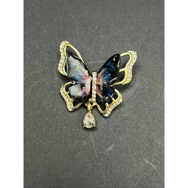 Blue Pink Glitter Resin Wings Gold Tone Rhinestone Butterfly Brooch - Image 3