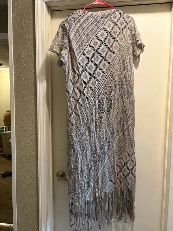 Mlle Gabrielle gray crochet lace fringe maxi Dress, size 18 - Image 2