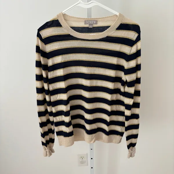J. Crew EUC Women's Metallic Stripe Merino Wool Ruffle Sleeve Sweater Size L - Image 2