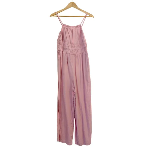 Old Navy Linen Blend‎ Jumpsuit Medium Cottagecore Smocked Wide Leg Ankle Pink - Image 2