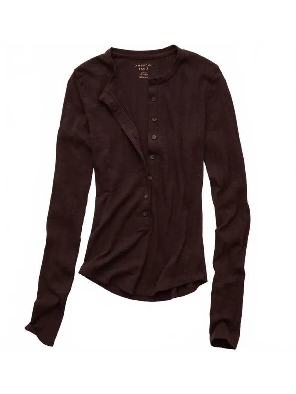 AE Long Sleeve Henley T-Shirt American Eagle NWT Brown Medium - Image 2