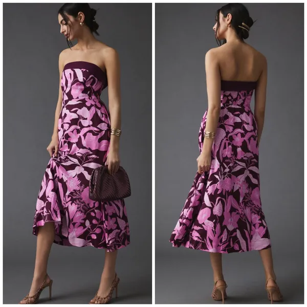 Anthropologie Jo Faulkner Strapless Pink Red Floral Dress Size 10 - Image 2