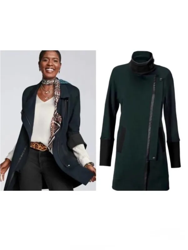 Cabi Renaissance Forest Green Black Asymmetrical Full Zip Mid Length Jacket‎ S - Image 2