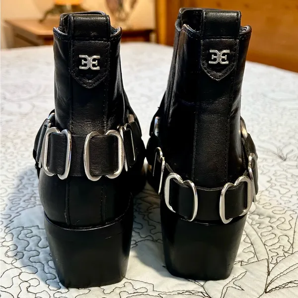 Sam Edelman Bellamie Black Leather Moto Harness Ankle Boots Block Heel Sz 6 💛 - Image 5